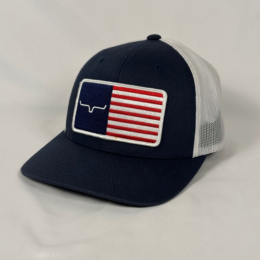 Kimes Ranch American Flag Trucker Hat Mens OSFA Navy White Patch Snapback Cap